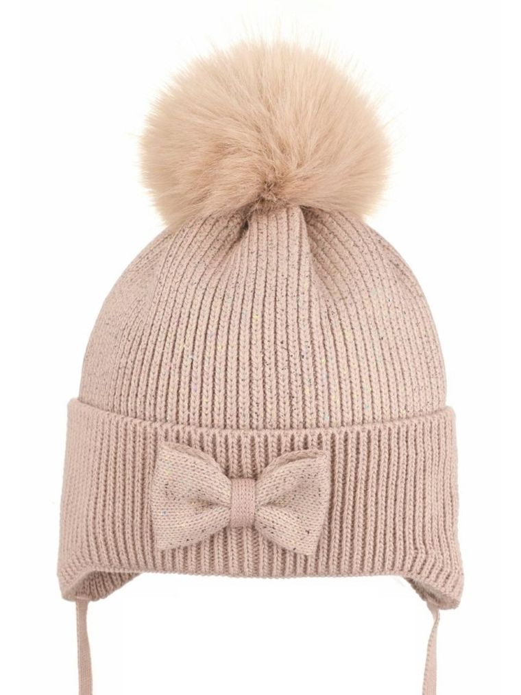 Komplet dziewczęcy, Czapka z pomponem, Komin, beżowy, Ambra