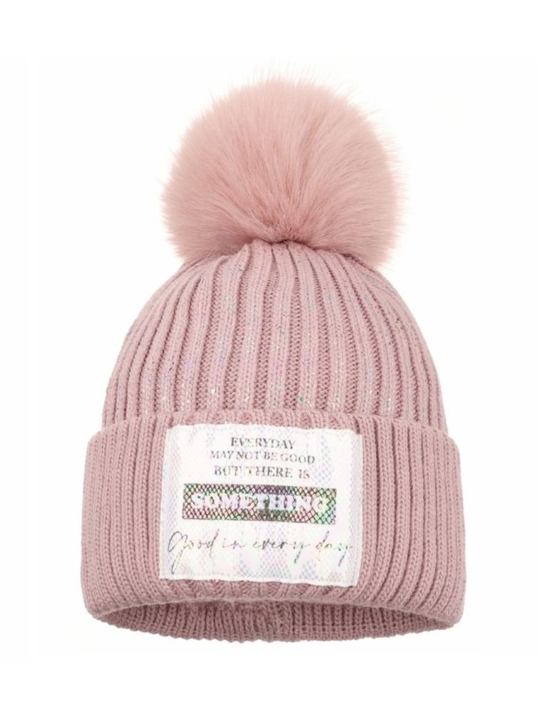 Komplet dziewczęcy, Czapka z pomponem, Komin, różowy, Ambra