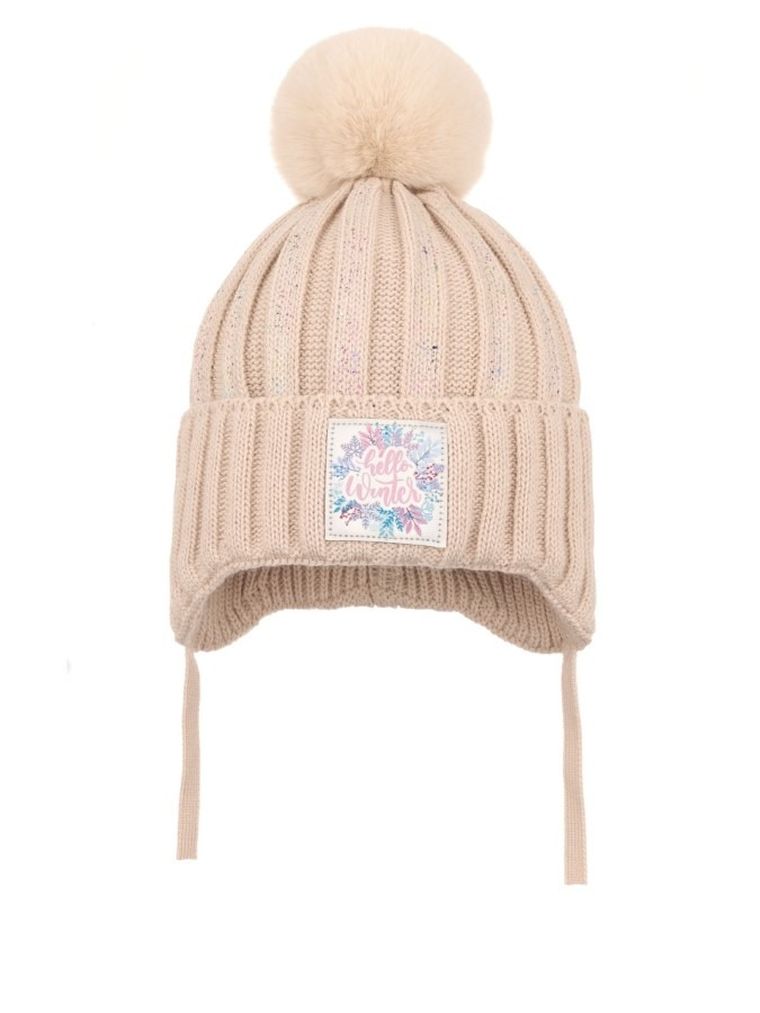Komplet dziewczęcy, Czapka z pomponem, wiązana, Komin, beżowy, Ambra