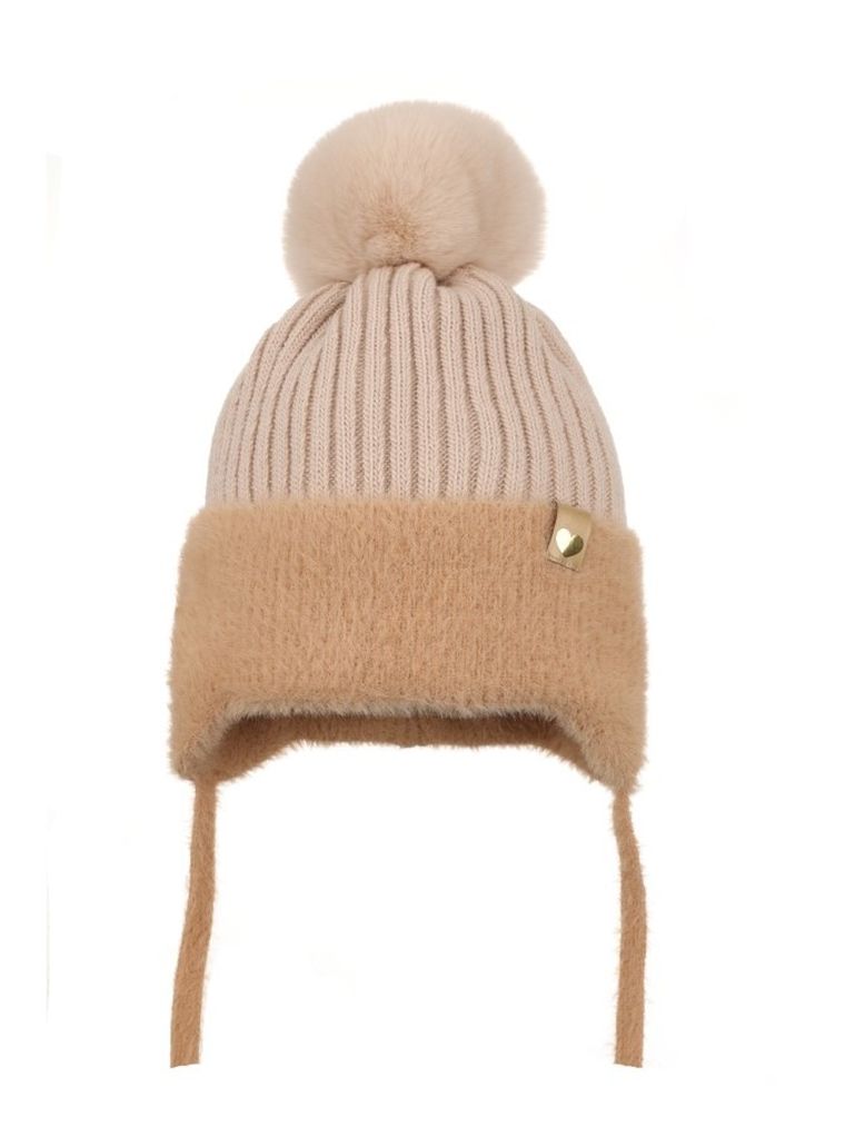 Komplet dziewczęcy, Czapka z pomponem, wiązana, Komin, beżowy, Ambra