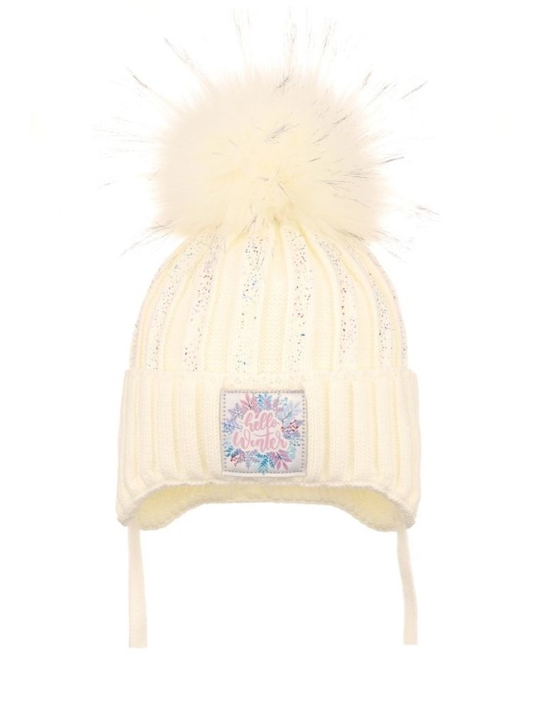 Komplet dziewczęcy, Czapka z pomponem, wiązana, Komin, biały, Ambra