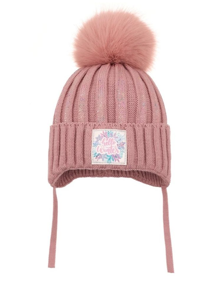 Komplet dziewczęcy, Czapka z pomponem, wiązana, Komin, różowy, Ambra