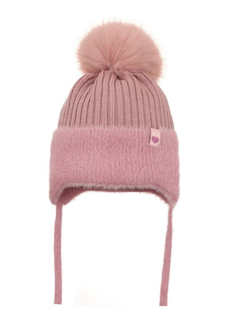 Komplet dziewczęcy, Czapka z pomponem, wiązana, Komin, różowy, Ambra