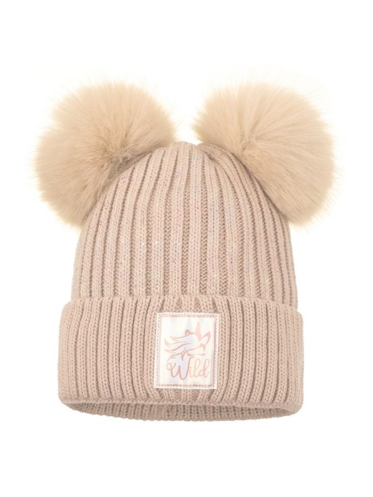 Komplet dziewczęcy, Komin, Czapka z pomponami, beżowy, Ambra