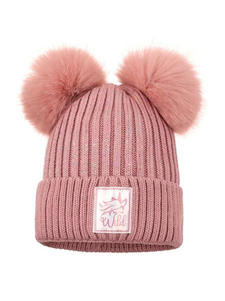 Komplet dziewczęcy, Komin, Czapka z pomponami, różowy, Ambra