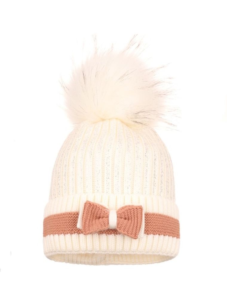 Komplet dziewczęcy, Komin, Czapka z pomponem, ecru, Ambra