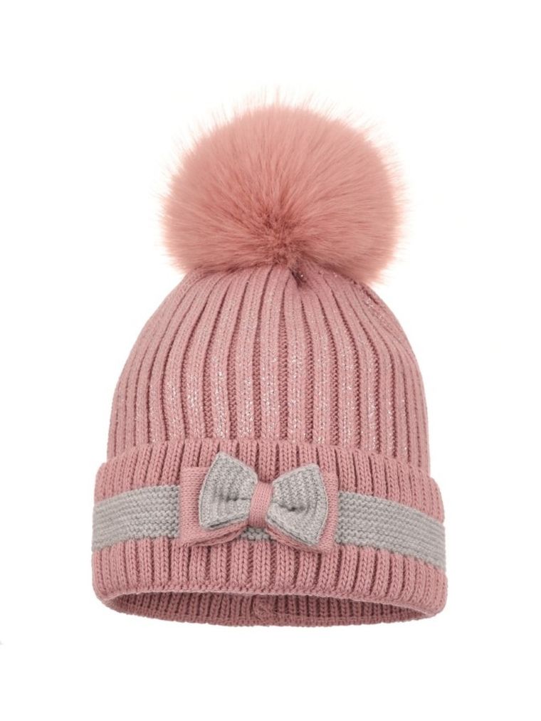 Komplet dziewczęcy, Komin, Czapka z pomponem, różowy, Ambra