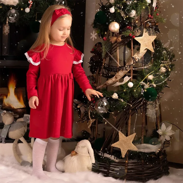 Komplet dziewczęcy, Sukienka z długim rękawem, Opaska, czerwone, Nicol