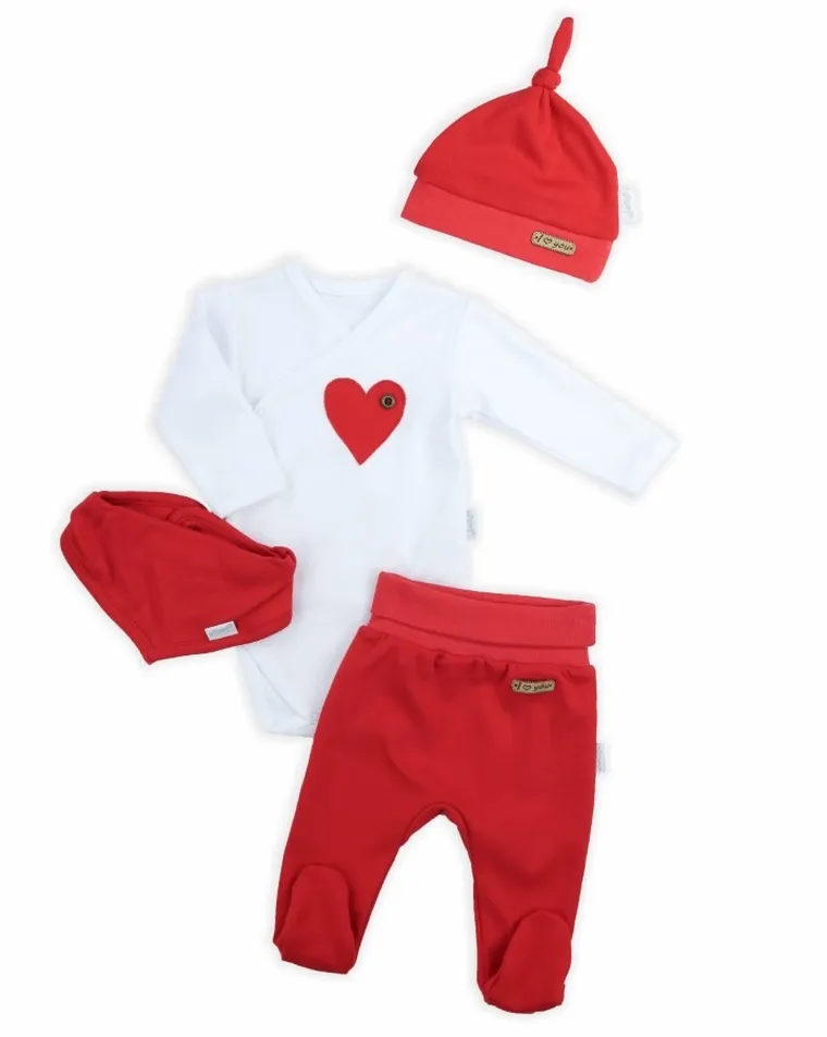 Komplet niemowlęcy, Body z długim rękawem, Półśpiochy, Czapka, Apaszka, biało-czerwone, Nicol