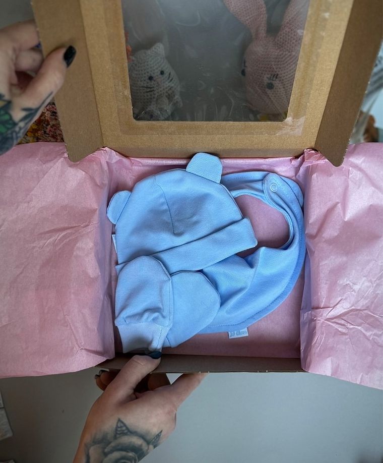 Komplet niemowlęcy, Czapka, Rękawiczki niedrapki, Apaszka, niebieski, Iltom