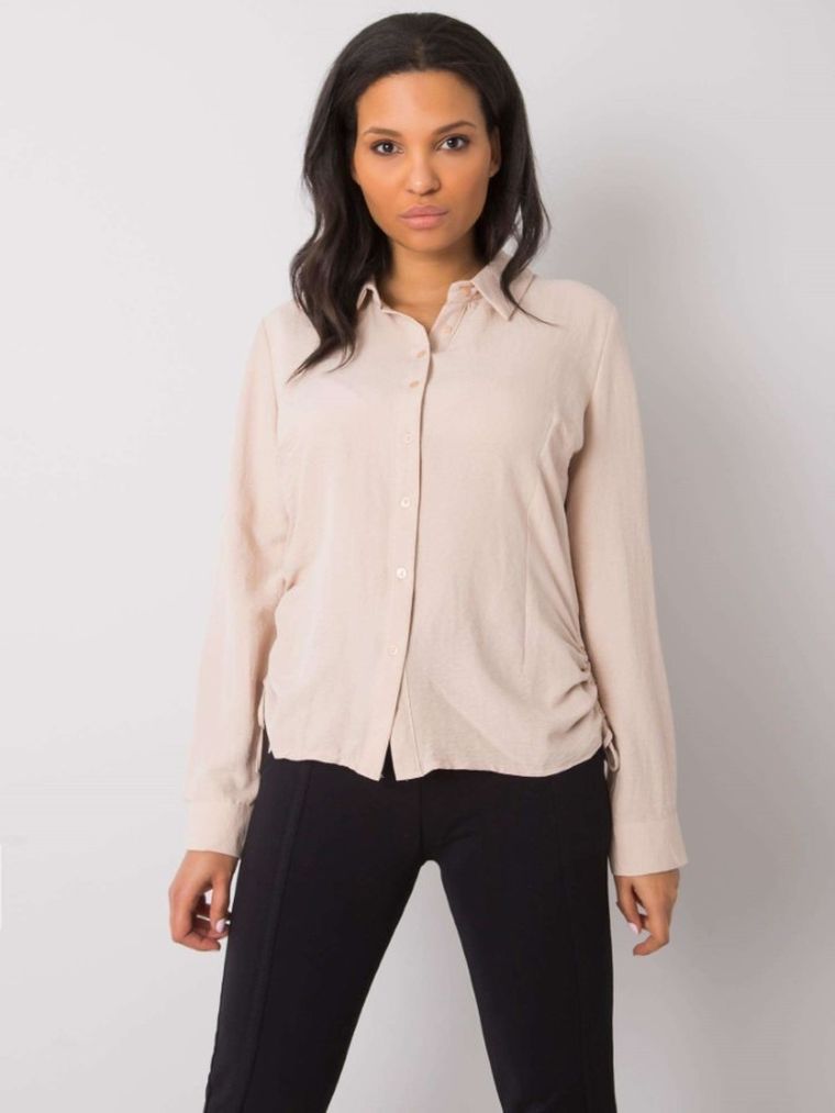 Koszula damska z długim rękawem, beżowa, Rue Paris