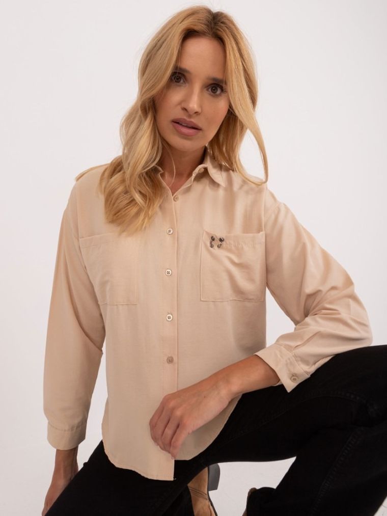 Koszula damska z długim rękawem, oversize, beżowa, Lykoss