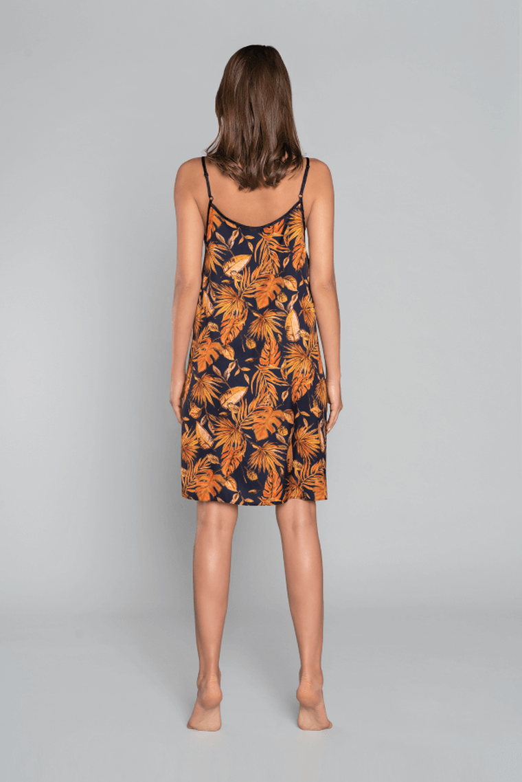 Koszula nocna damska na ramiączka, granatowo-pomarańczowa, Monstera, Italian Fashion