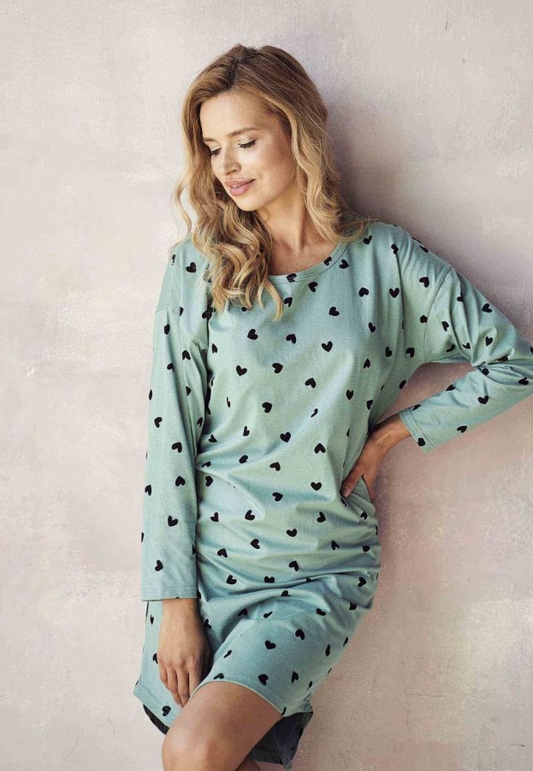 Koszula nocna damska z długim rękawem, miętowa, Nina, Taro