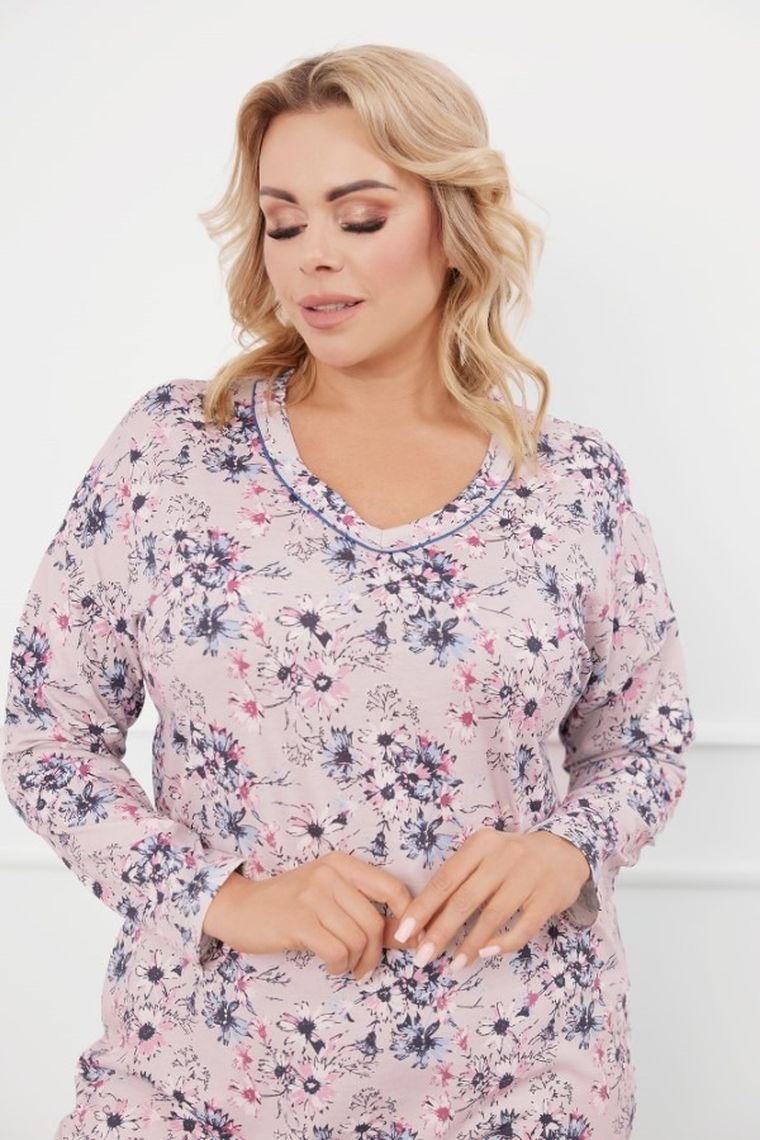 Koszula nocna damska z długim rękawem, plus size, różowa, Toliana, Italian Fashion