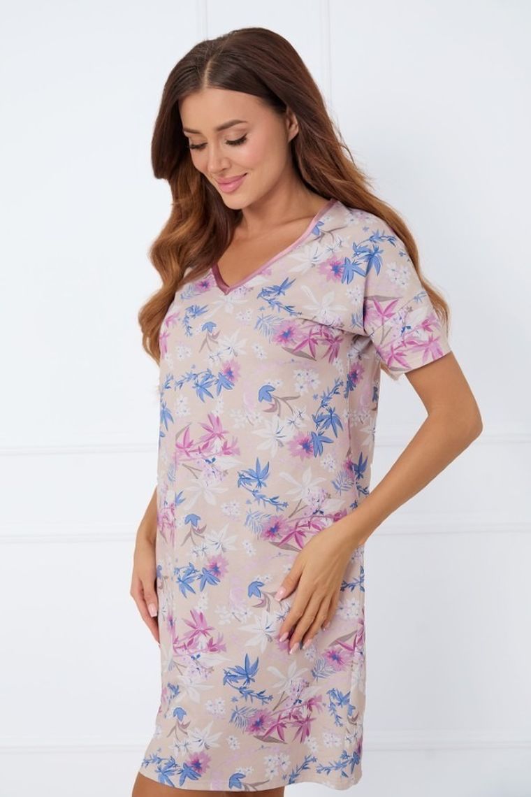 Koszula nocna damska z krótkim rękawem, beżowa, Italian Fashion