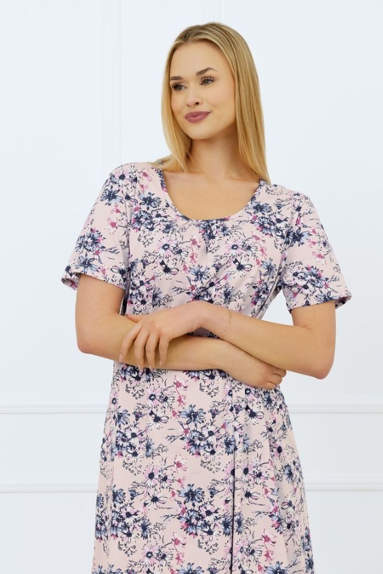 Koszula nocna damska z krótkim rękawem, beżowa, Italian Fashion