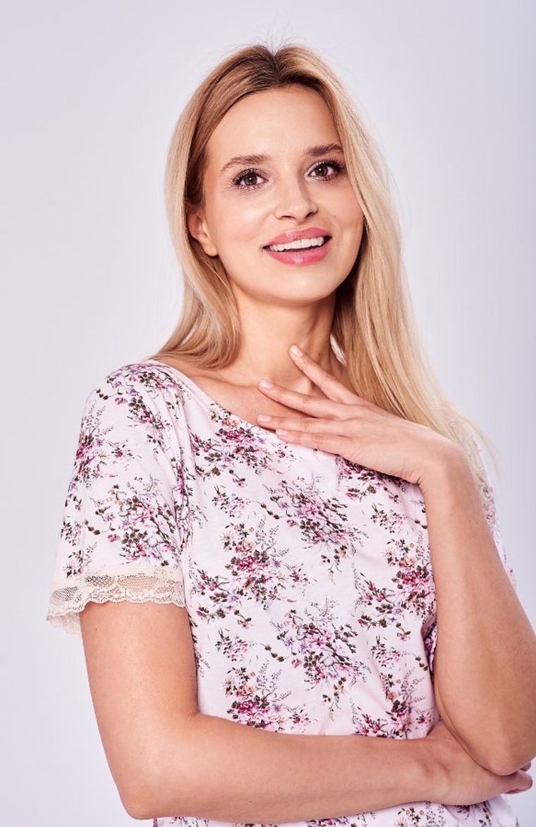 Koszula nocna damska z krótkim rękawem, beżowa, Juliet, Taro