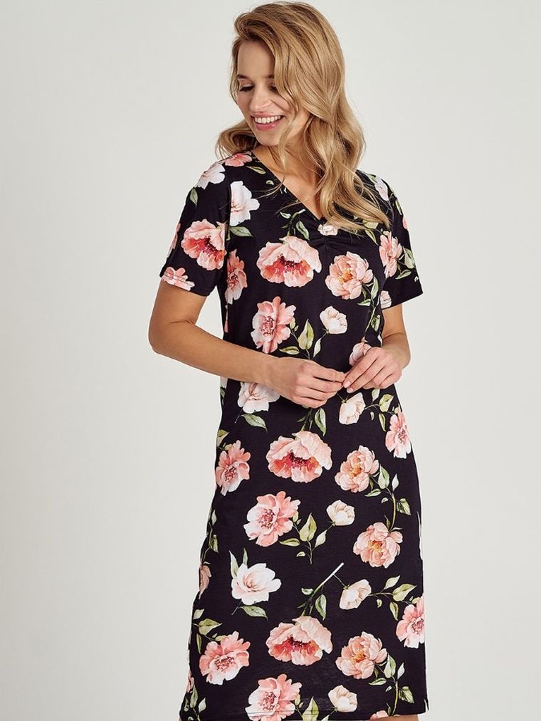 Koszula nocna damska z krótkim rękawem, czarna, Taro