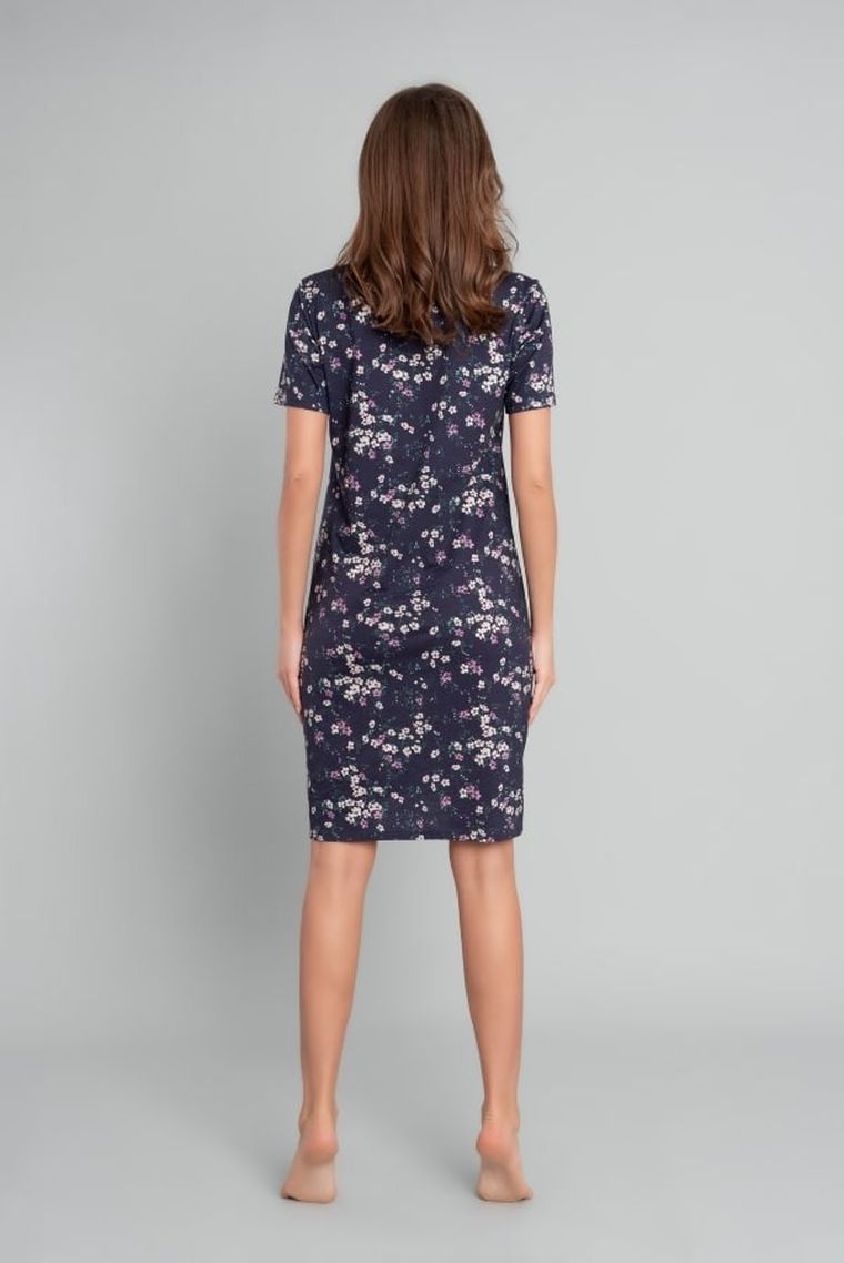 Koszula nocna damska z krótkim rękawem, granatowa, Evita, Italian Fashion