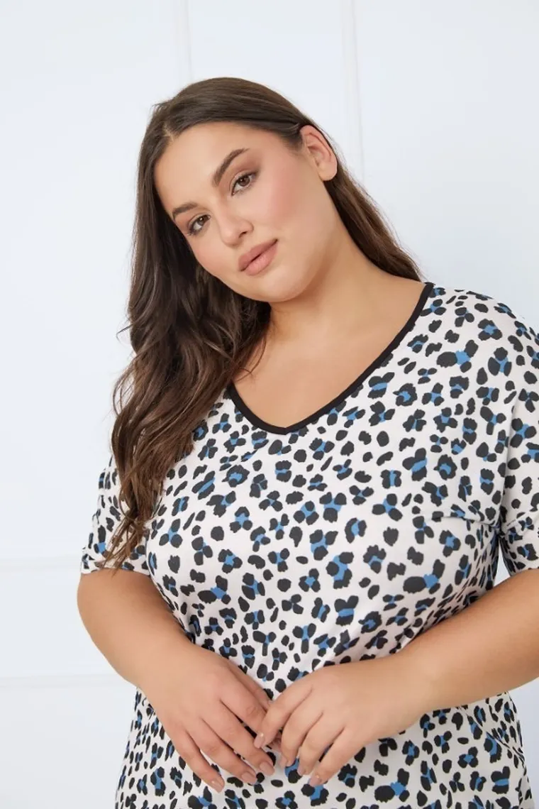 Koszula nocna damska z krótkim rękawem, plus size, beżowa, Italian Fashion