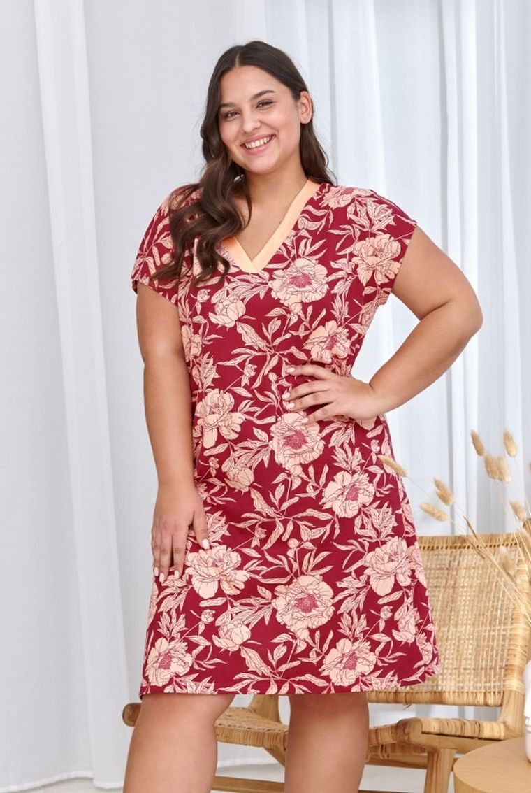 Koszula nocna damska z krótkim rękawem, plus size, bordowa, Blossom, Taro