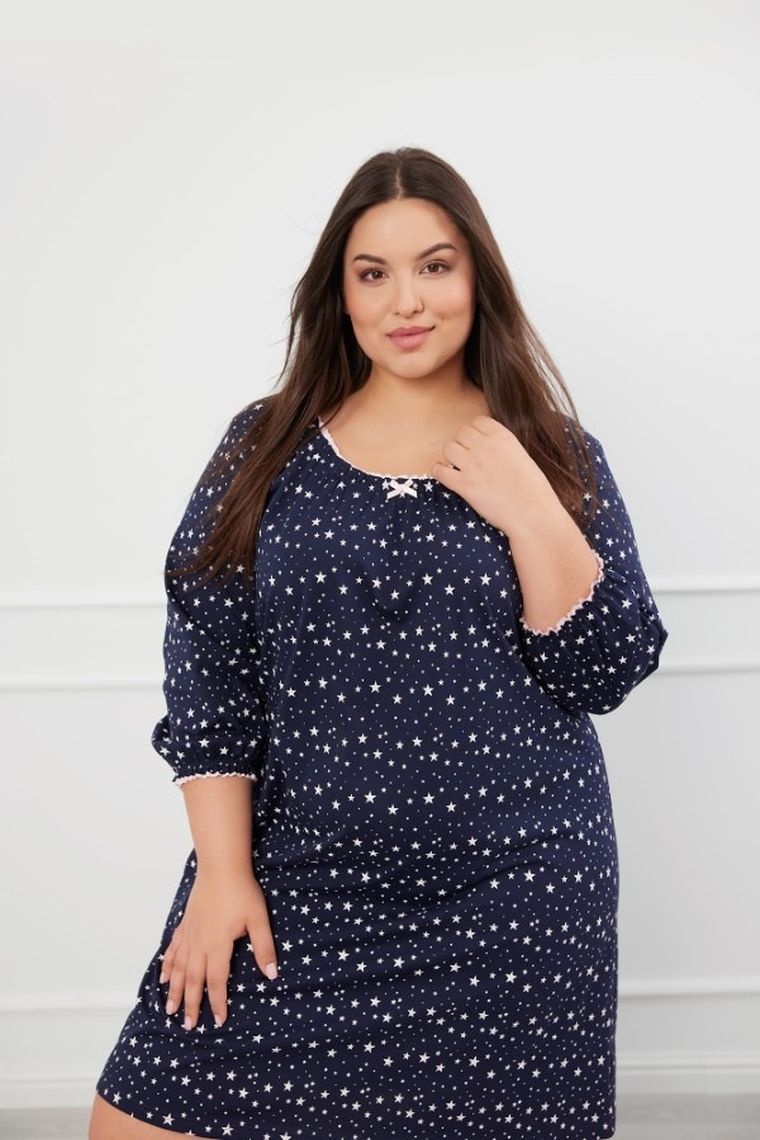 Koszula nocna damska z rękawem 3/4, plus size, granatowa, Italian Fashion