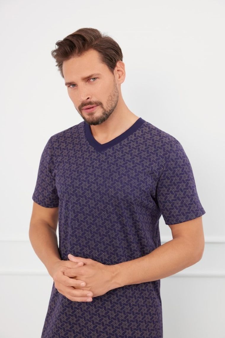 Koszula nocna męska z krótkim rękawem, granatowa, Ricardo, Italian Fashion