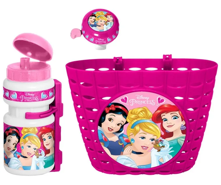 Księżniczki Disneya, zestaw na rower: koszyk + bidon + dzwonek