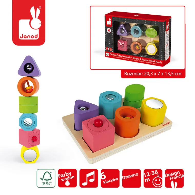 Kształty i dźwięki, puzzle sensoryczne drewniane
