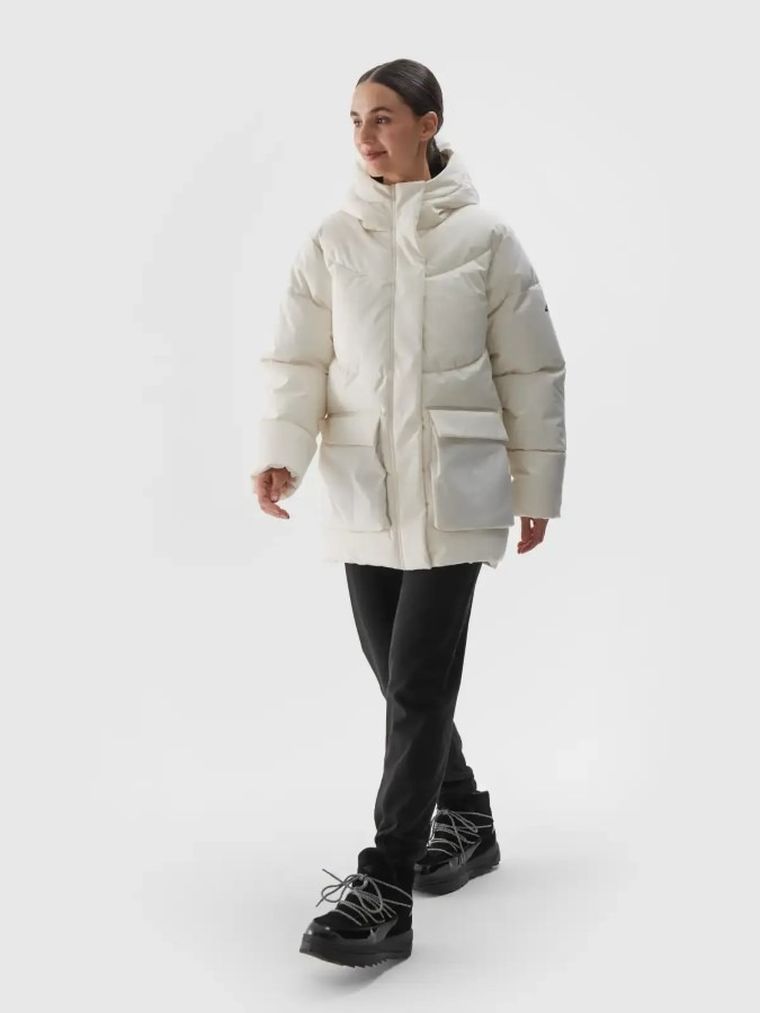 Kurtka damska z kapturem, ocieplana, biała, 4F