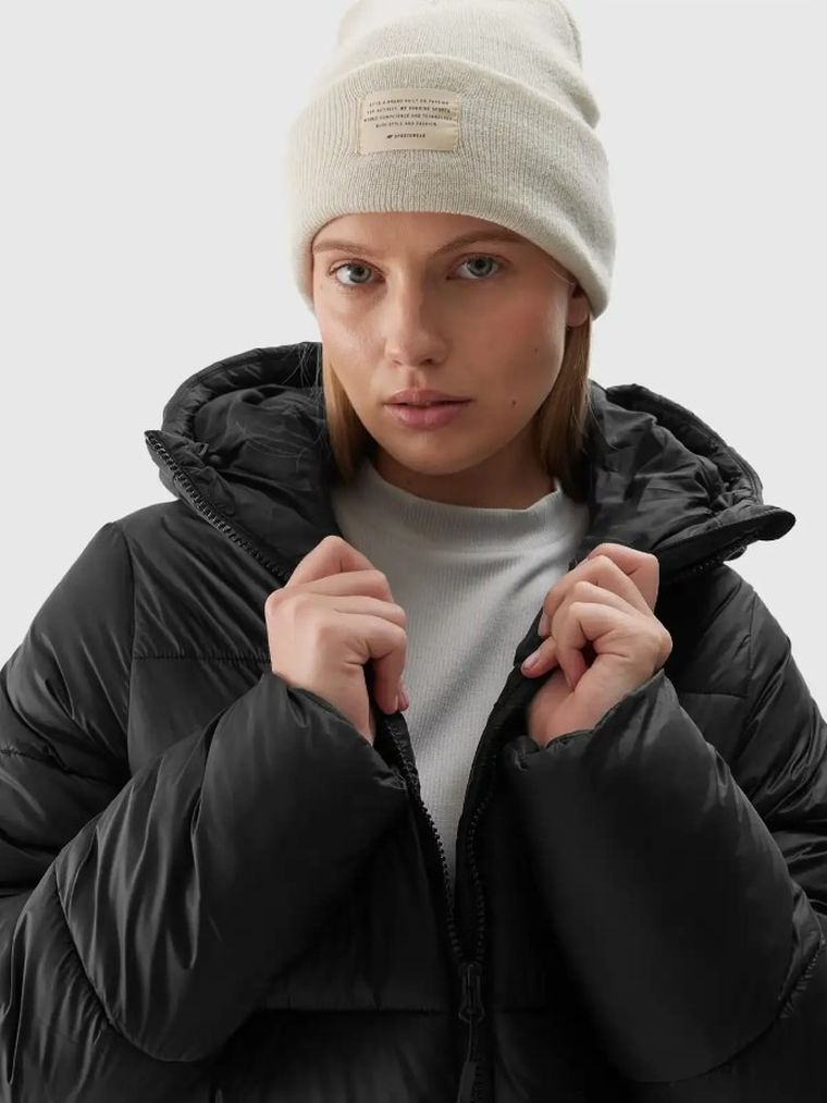 Kurtka damska z kapturem, ocieplana, czarna, 4F