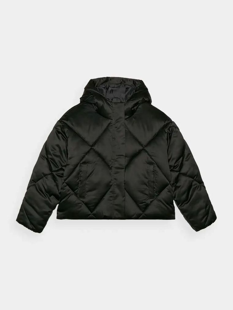 Kurtka dziewczęca z kapturem, czarna, 4F