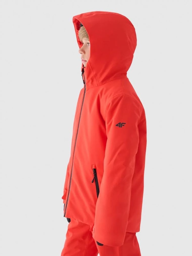 Kurtka narciarska chłopięca z kapturem, ocieplana, czerwona, 4F