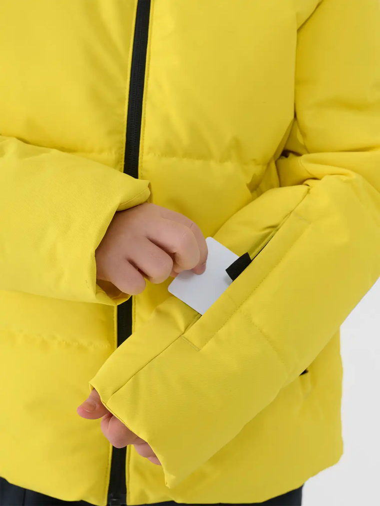 Kurtka narciarska chłopięca z kapturem, ocieplana, żółta, 4F