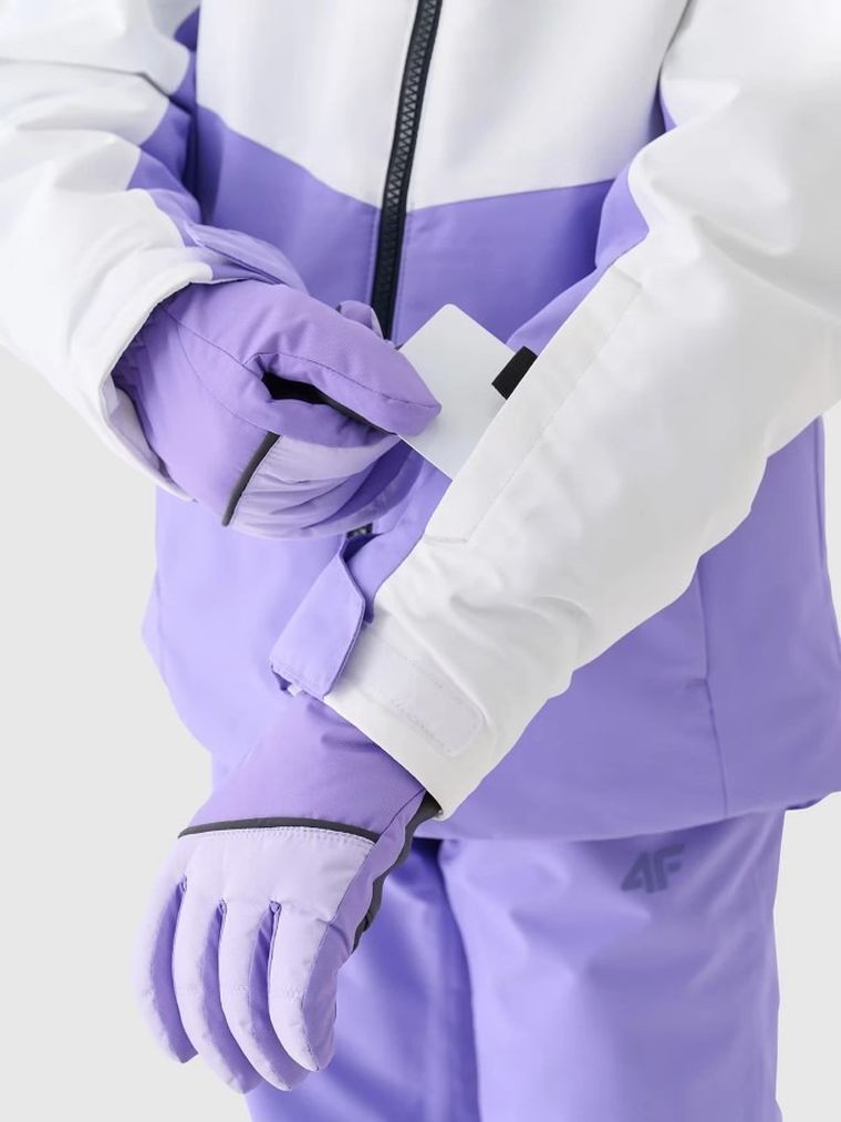 Kurtka narciarska dziewczęca z kapturem, ocieplana, fioletowa, 4F