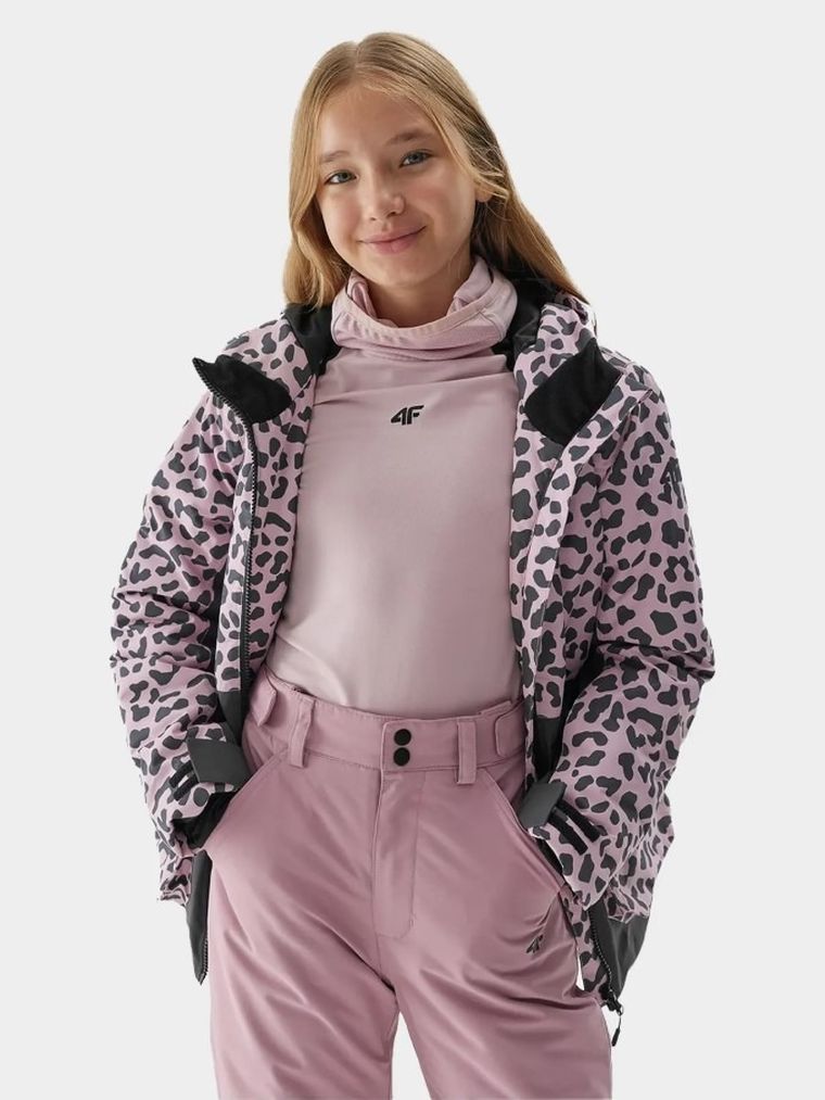 Kurtka narciarska dziewczęca z kapturem, różowa, 4F
