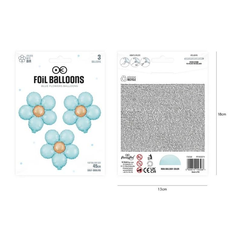 kwiat, balon foliowy, niebieski, 45 cm, 3 szt.