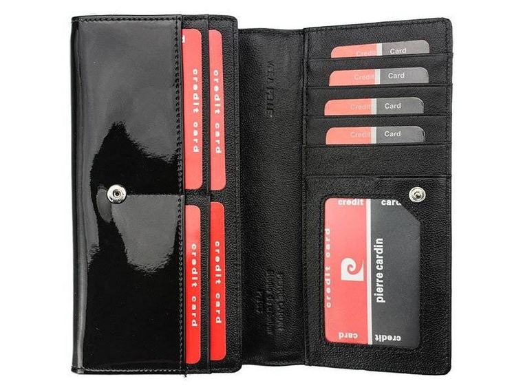 Lakierowany, poziomy portfel damski ze skóry naturalnej, Pierre Cardin