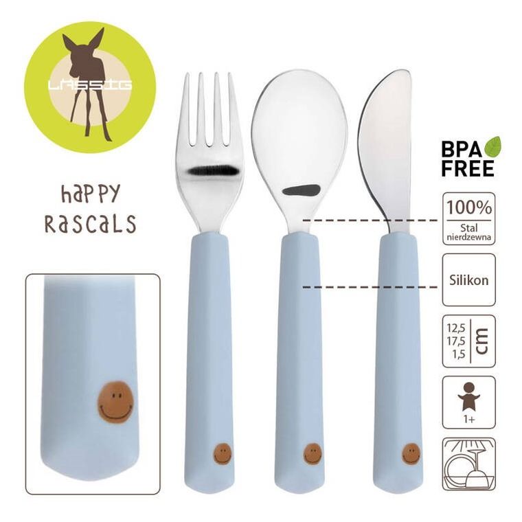 Lassig, Happy Rascals Smile, sztućce ze stali nierdzewnej, Sky Blue, 3 szt.
