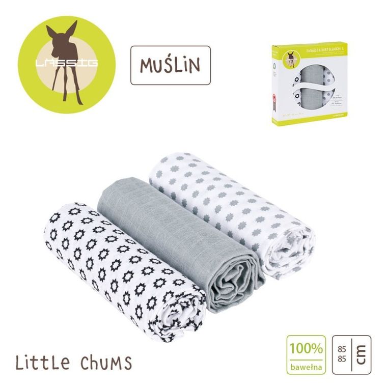 Lassig, Little Chums, Stars, muślinowy otulacz-kocyk, 85-85 cm, 3 szt.