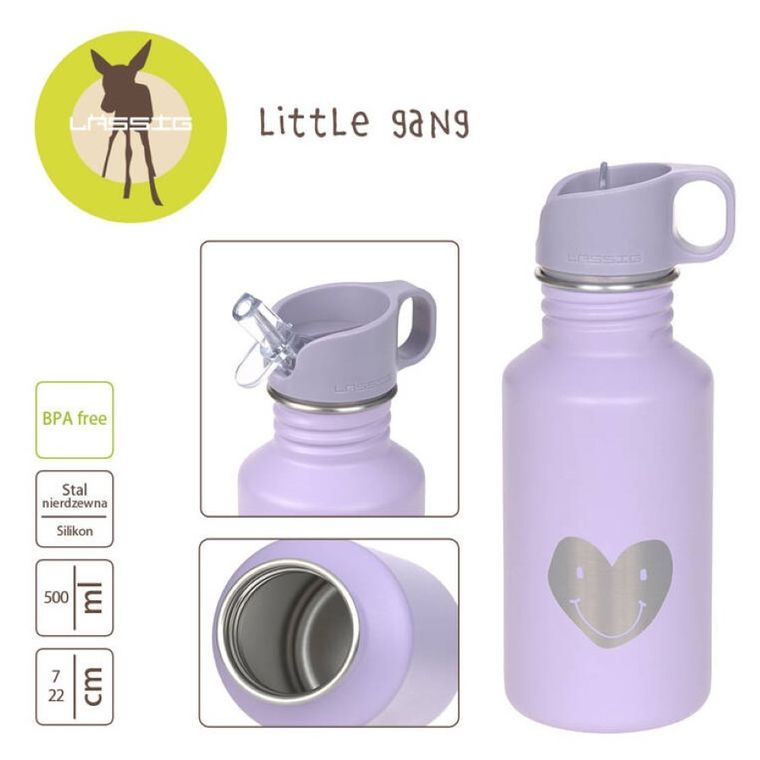 Lassig, Little Gang Heartbidon ze stali nierdzewnej z ustnikiem i uchwytem, 500 ml, lilac