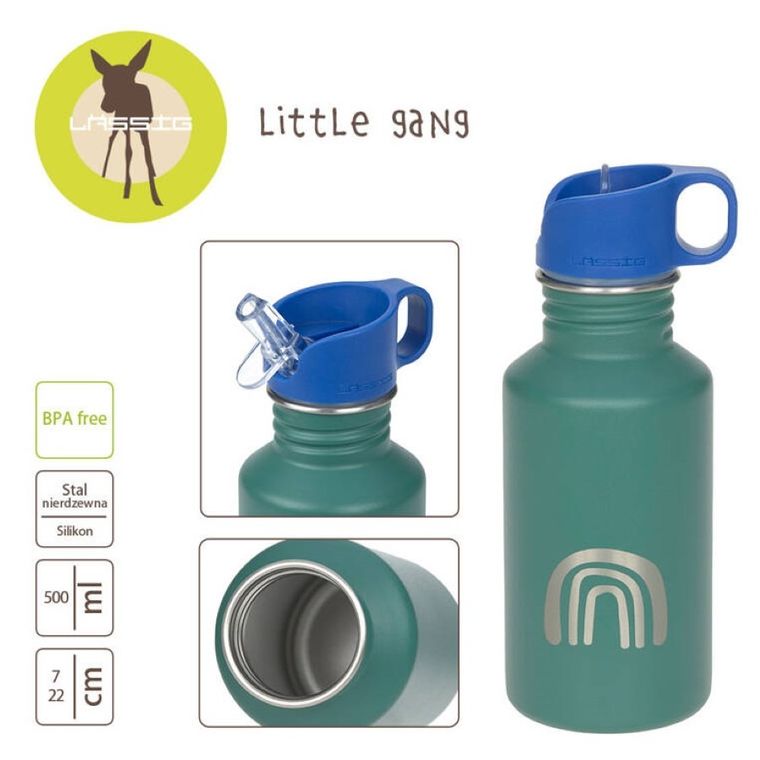Lassig, Little Gang Rainbow, bidon ze stali nierdzewnej z ustnikiem i uchwytem, 500 ml, green