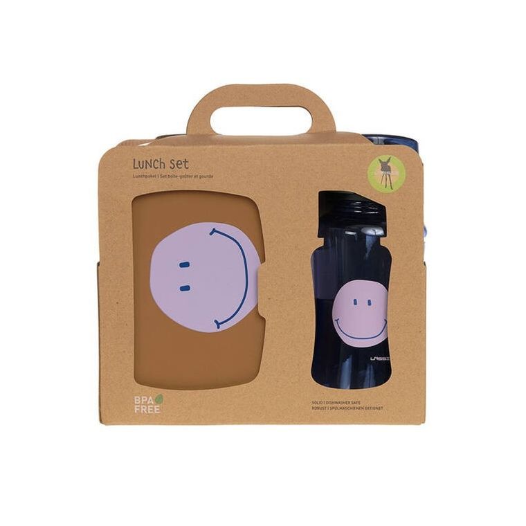 Lassig, Little Gang, Smile, zestaw na lunch: lunchbox + tritanowa butelka 460 ml, caramel/blue