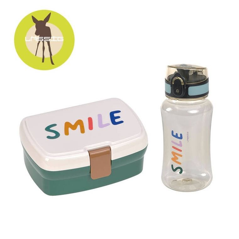 Lassig, Little Gang, Smile, zestaw na lunch: lunchbox + tritanowa butelka 460 ml, milky/ocean green