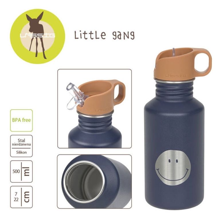 Lassig, Little Gang Smilebidon ze stali nierdzewnej z ustnikiem i uchwytem, 500 ml, navy