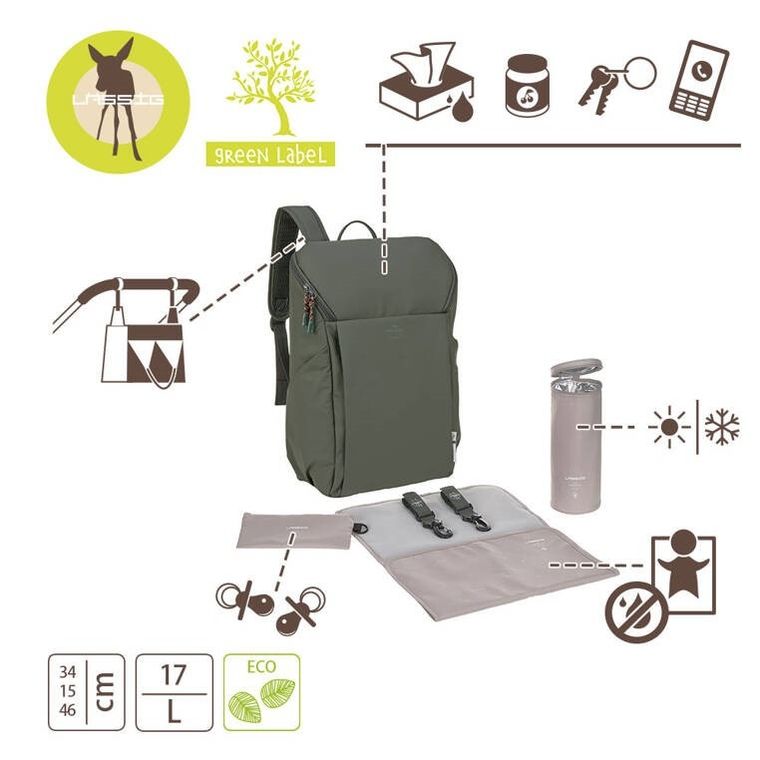 Lassig, Slender Up, Green Label, plecak dla mam z akcesoriami, Olive