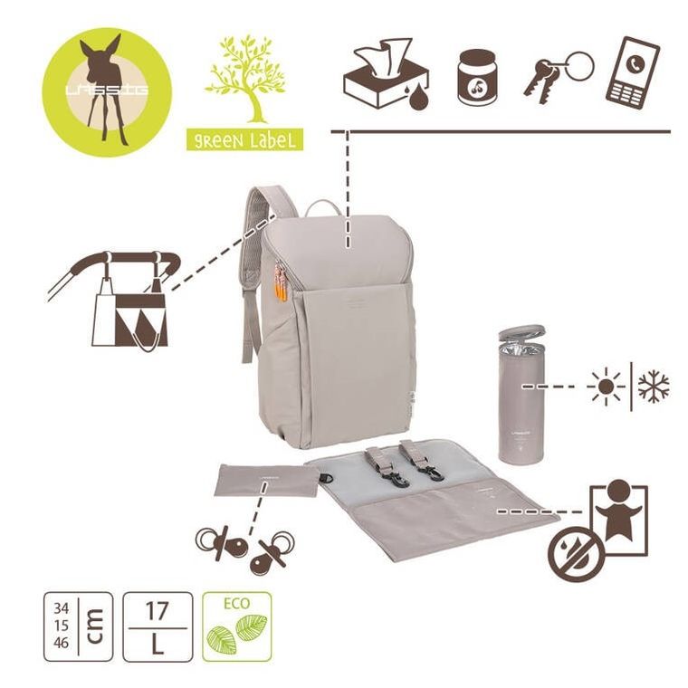 Lassig, Slender Up, Green Label, plecak dla mam z akcesoriami, Taupe