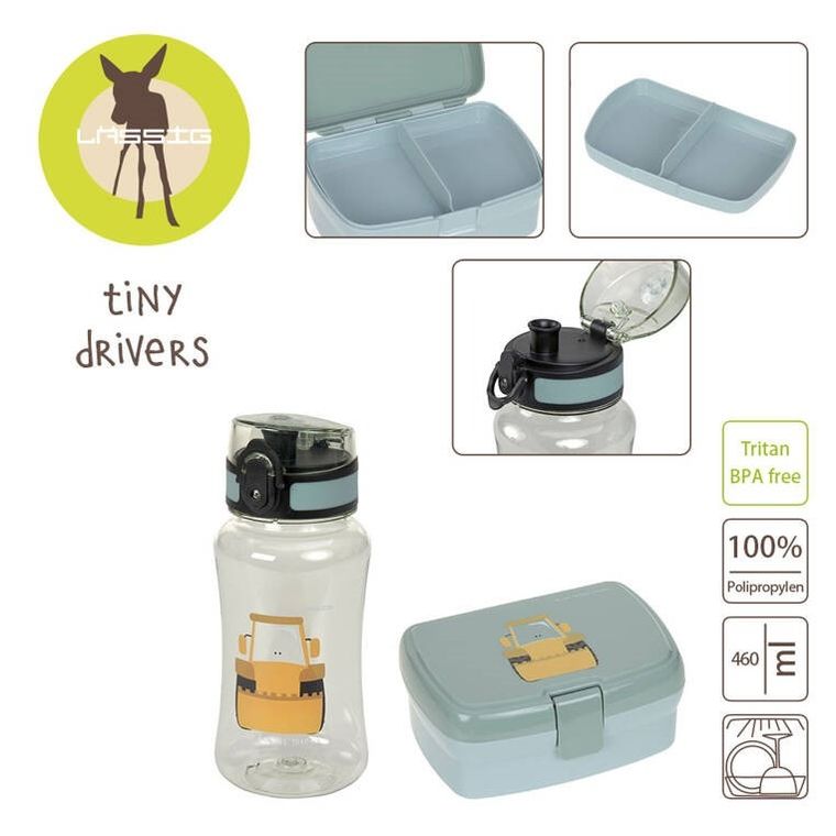 Lassig, Tiny Drivers, lunchbox + bidon, tritanowa butelka, 460 ml, Spychacz
