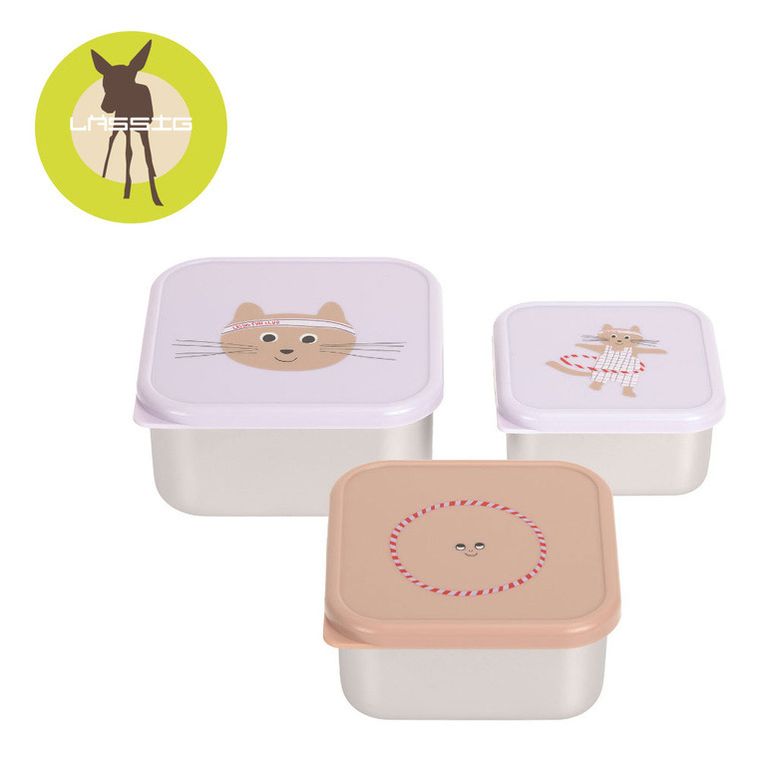 Lassig, Tiny Team, Kotek, snackbox ze stali nierdzewnej, pojemnik na przekąski, 3 szt.